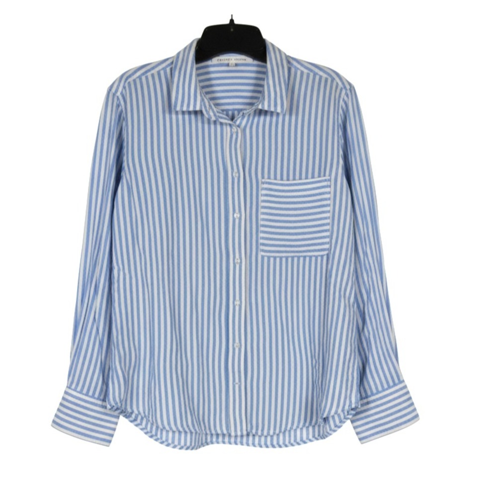 MELISSA NEPTON Blue Striped LINEN BLEND Frayed Trim BUTTON-UP Shirt/Top Sz M
